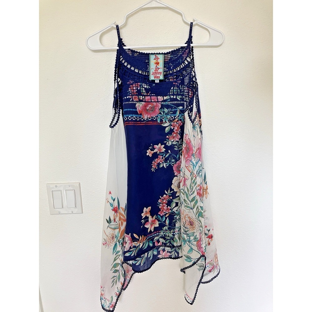 Johnny Was Boho Navy Cupro Floral Tunic Blouse M Handkerchief Hem Scarf Print